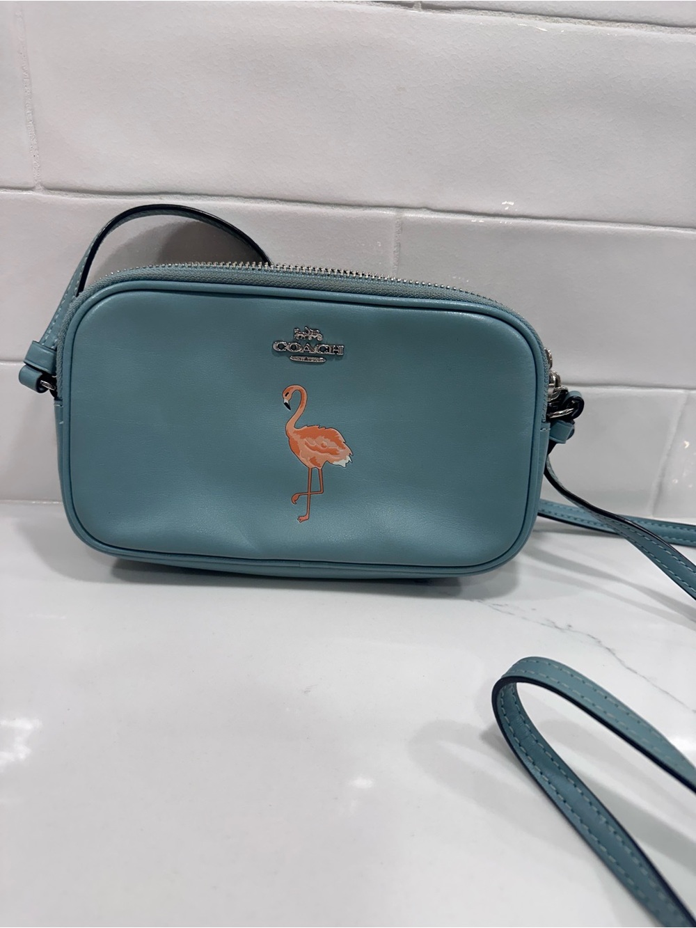 Coach Blue Teal Crossbody with Pink Flamingo Accent